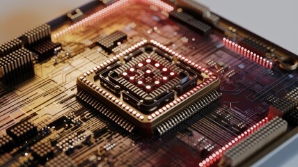 Close-up of a technologically advanced computer motherboard with glowing components, showcasing intricate circuitry and design.