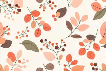 Seamless pattern with hand-drawn leaves and berries, soft forms overlapping in an organic arrangement, creating a cozy autumnal feel, perfect for textile printing, packaging, or wallpaper