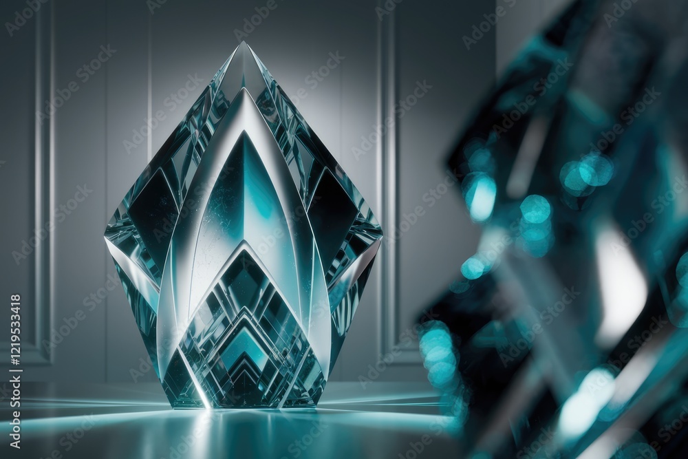 Poster A teal crystal with geometric facets reflects light, creating a stunning visual display of intricate details and brilliance.