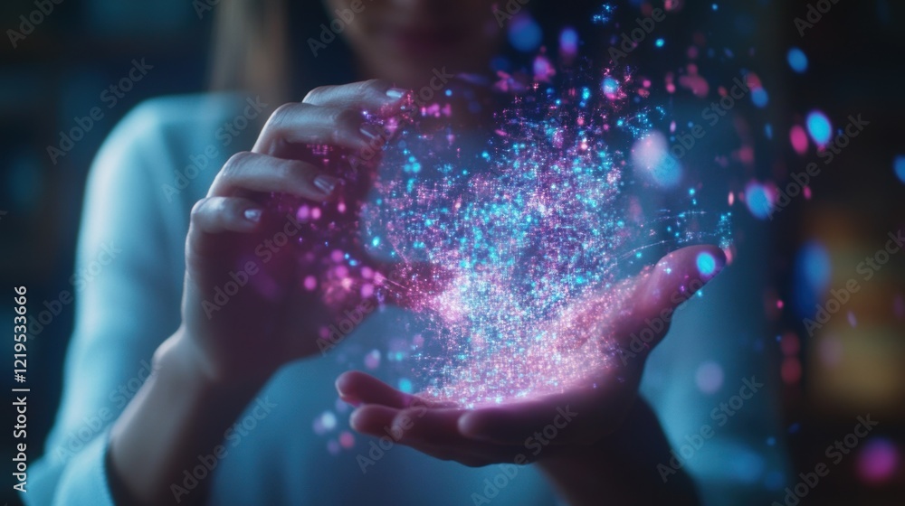 Poster close view of a designer adjusting a holographic slider with colorful elements dynamically transform