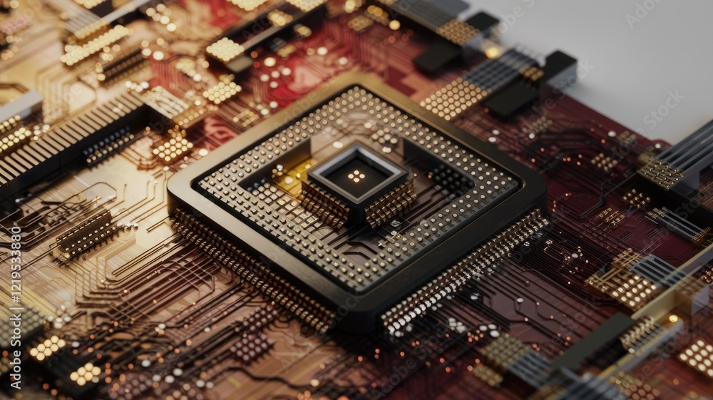 Poster close-up of a sophisticated cpu integrated into a complex motherboard, showcasing intricate circuitr