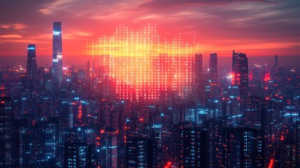 Fototapeta premium Cityscape at sunset with data overlay.