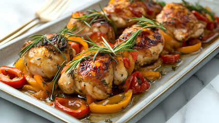 Fototapeta premium Roasted Chicken with Rosemary and Bell Peppers: A Delicious and Easy Recipe