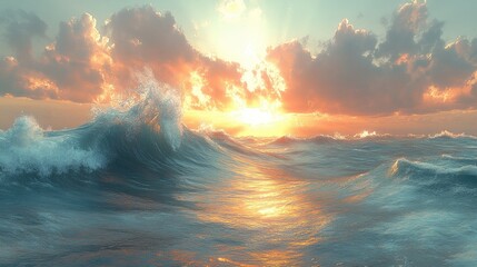 Fototapeta premium A stylized artwork featuring golden waves and clouds against a metallic backdrop.