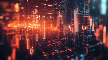 Obraz premium Vibrating holographic arrows pointing downward merging with ghostly outlines of urban structures encapsulating the essence of collapsing markets.