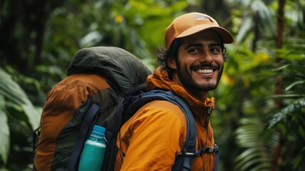 Fototapeta premium Smiling Adventurer in Lush Rainforest