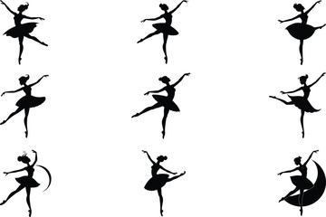 Collection of silhouette vector illustrations of ballerina dancing ballet isolated
