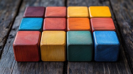 A colorful arrangement of small, rectangular wooden blocks,