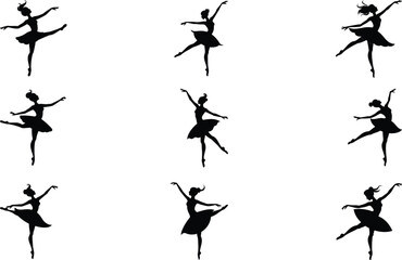 Collection of silhouette vector illustrations of ballerina dancing ballet isolated
