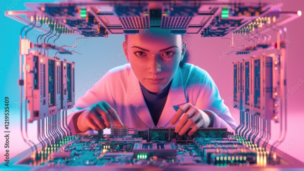 Poster a female scientist meticulously works on a complex circuit board, showcasing advanced technology and