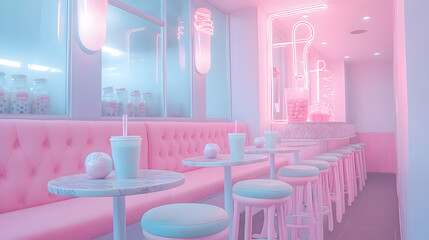 Aesthetic Pink Cafe: Bubble Tea and Neon Lights