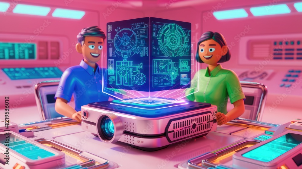 Poster cartoon characters presenting a holographic projection from a futuristic projector.