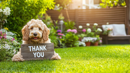 Labradoodle holding a wooden "Thank You" sign on green grass. Garden with flowers, bushes, furniture, and sunlight. Summer day, cozy and cheerful atmosphere