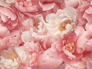 A Seamless Pattern of White and Pink/Coral Peonies with Yellow/Brown Centers and Green Leaves 