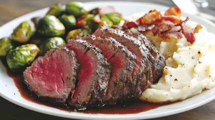 Fototapeta premium Sliced Beef Tenderloin with Mashed Potatoes and Brussels Sprouts