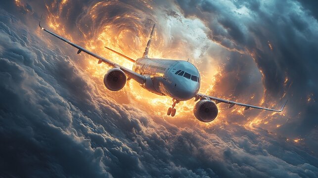 A surreal image of an airplane breaking into fragments mid flight - Powered by Adobe