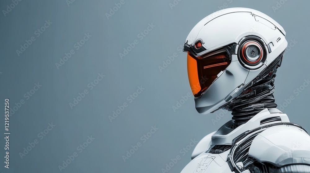Poster futuristic robot side profile with sleek design and bright visor reflecting advanced technology inno