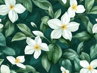 Fototapeta premium watercolor-style jasmine flowers on a deep green background, seamless Pattern