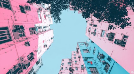 Pastel Pink and Blue Buildings, Hong Kong Urban Landscape
