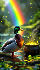 Fototapeta premium Majestic duck with rainbow and pot of gold in enchanted forest scene, St. Patrick's Day vertical card with copy space.