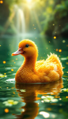 Adorable fluffy duckling floating in sunlit pond with water ripples and gentle glow, St. Patrick's Day vertical card with copy space