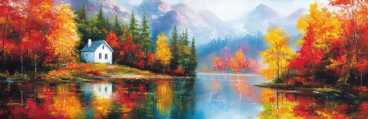 Naklejka premium Autumnal Lakeside Cabin nestled amongst vibrant fall foliage