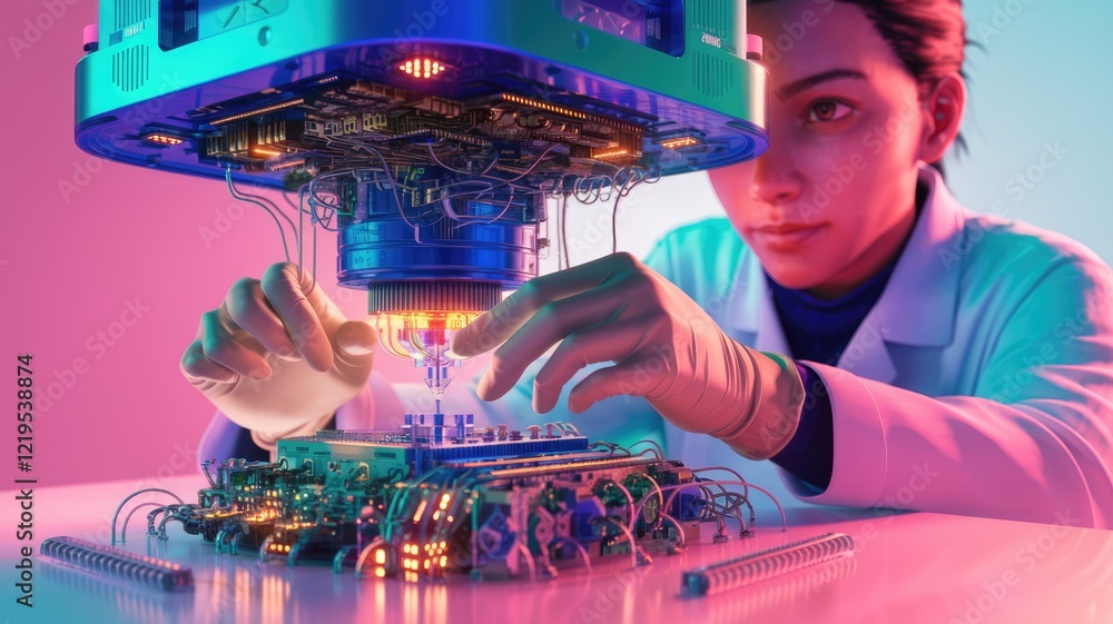 Poster A scientist meticulously assembles complex circuitry, showcasing advanced technology and precision engineering.