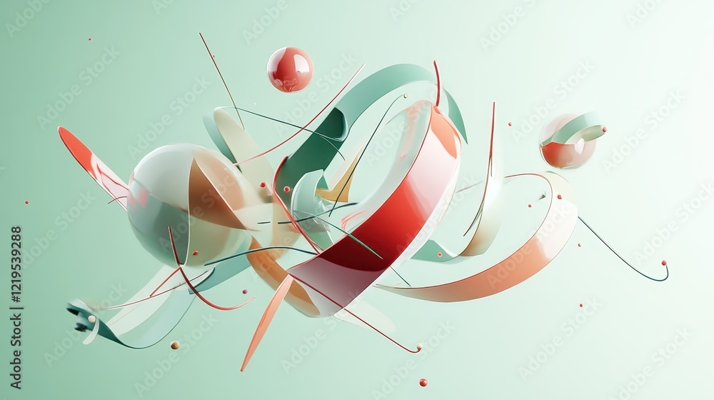 Poster abstract pastel spheres and curved forms float in space