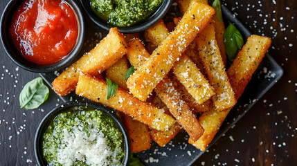 Crispy Polenta Fries with Pesto and Marinara Dips
