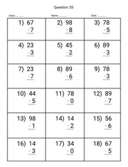  Subtraction Maths Worksheet for kids.  Number  range up to 100.