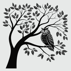 a tree with an owl sitting on silhouette vector design art and illustration