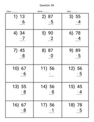  Subtraction Maths Worksheet for kids.  Number  range up to 100.