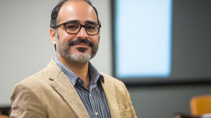 Portrait of a man with a beard and glasses in professional setting, light brown jacket