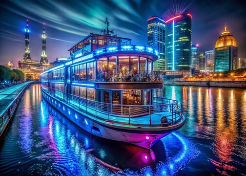 Surreal Interior of Futuristic Electric Ship on Moskva River at Night