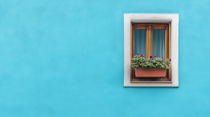 A single window with flowers on a vibrant blue wall.