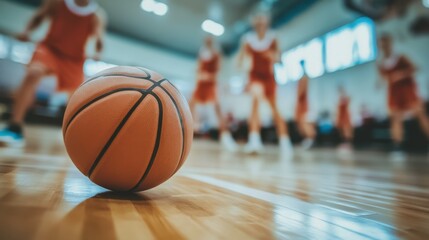 Basketball in Gym with Players in Action
