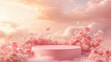 Pink Floral Podium Scene. A dreamy pink podium surrounded by delicate roses. Ideal for romantic and feminine themes