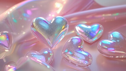 Fototapeta premium Iridescent neon shiny colorful toys in shape of heart on soft pastel colors background. Valentine's day or mother's day party banner. Rainbow holographic abstract wallpaper. Hologram Foil Aesthetic.