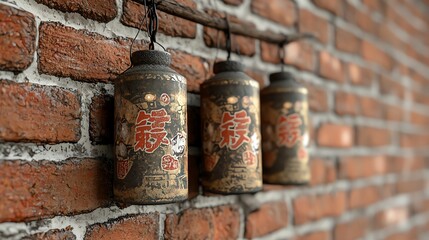 Naklejka premium A close-up of Chinese firecrackers ready to be lit, symbolizing the warding off of evil spirits close up, realistic, Double exposure, red brick wall backdrop