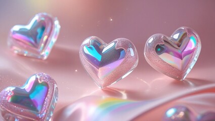 Iridescent neon shiny colorful toys in shape of heart on soft pastel colors background. Valentine's day or mother's day party banner. Rainbow holographic abstract wallpaper. Hologram Foil Aesthetic.