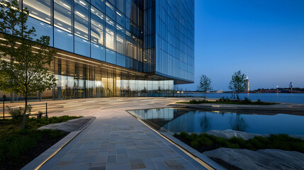 Modern Glass Building with Water Feature at Dusk