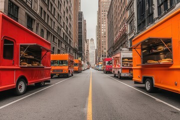 Fototapeta premium Morning break in a foodie city . Vibrant food trucks lined up on a city street in an urban setting.