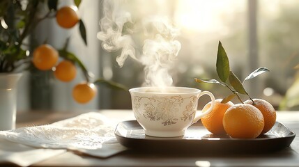 A set of ornate tea cups with steam rising, placed beside mandarin oranges for New Year blessings copy space, ethereal, Double exposure, traditional tea house backdrop