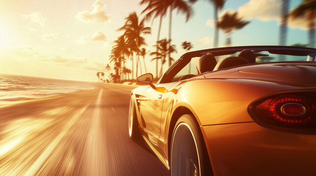 Convertible sports car driving along a coastal road with palm trees and the golden sunlight reflects off the car, evoking freedom and luxury