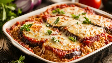 Image of rice and eggplant Parmesan with marinara sauce in a baking dish, emphasizing cheesy and hearty qualities. Ideal for Italian cuisine and comfort food.