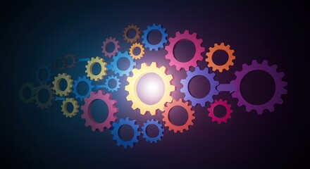 Colorful Interlocking Gears on Dark Background - Abstract Mechanical Art for Technology and Innovation Concepts.