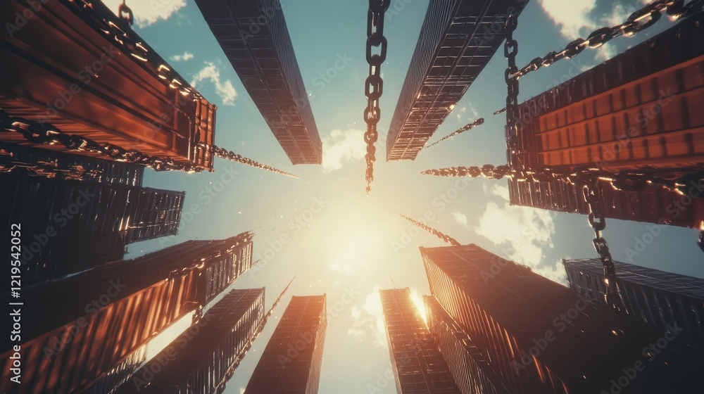 Aufkleber chained shipping containers collide midair casting translucent shadows over skyscrapers representing
