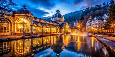 Obraz premium Surreal Night Spa Architecture in Marienbad, Czech Republic: Ethereal Glow