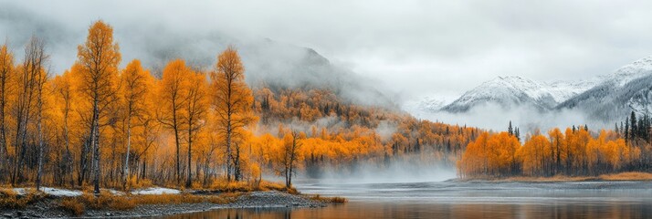 Fototapeta premium Golden Autumn Trees Beside Misty River And Snowy Mountains