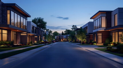 Modern Townhouses at Dusk: Luxury Real Estate in a Tranquil Suburban Setting